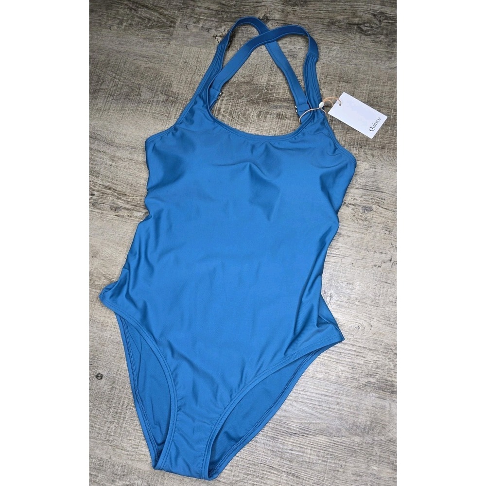 NWT Quince Lagoon Teal Blue Italian Cross-Back One-Piece Swimsuit Size Large - Picture 3 of 13